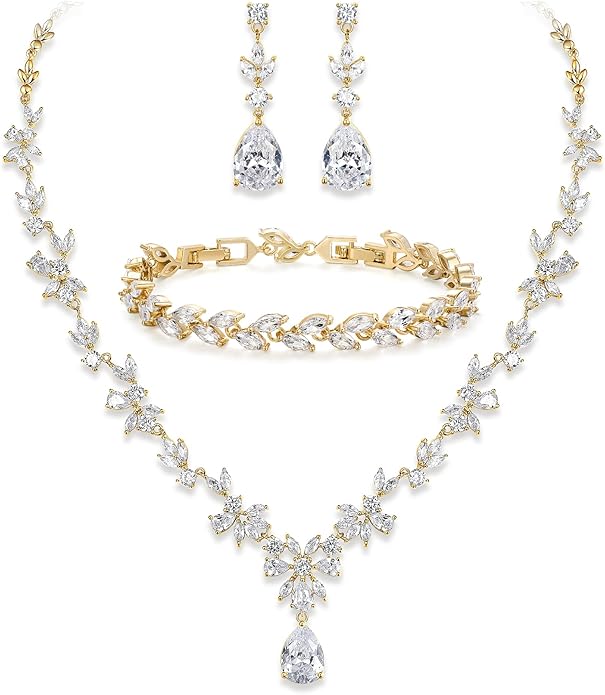 Crysdue Wedding Jewelry Set for Women, Floral Leaf Vine Teardrop Necklace Dangle Earrings Bracelet and Hair Comb, Cubic Zirconia Elegant Party Prom Jewellery for Bridal Bridesmaid