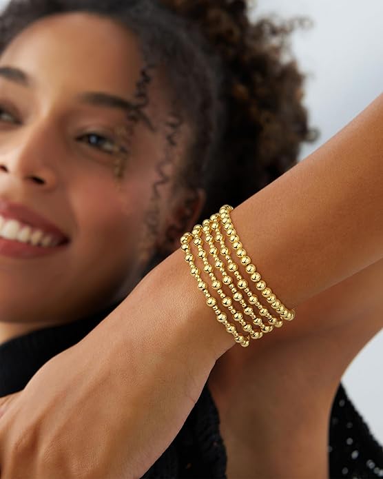 Howoo Gold Bracelets for Women Beaded Initial Bracelet Stack Dainty Heart Stretch Gold Charm Bracelet Jewelry for Women Trendy