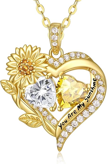 Sunflower Heart Necklace for Women 14K Gold Exquisite Valentines Day Anniversary Birthday Gifts for Wife Mother Her Double Birthstone Pendant Jewelry‘You Are My Sunshine’
