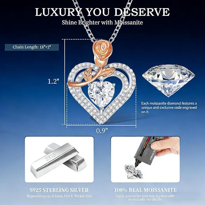 Gorgeous Moissanite Necklaces for Women - Valentine's Day Gifts for Wife Girlfriend, 925 Sterling Silver 1-3CT Moissanite Pendant Jewelry, Wedding Anniversary Birthday Christmas for Mom
