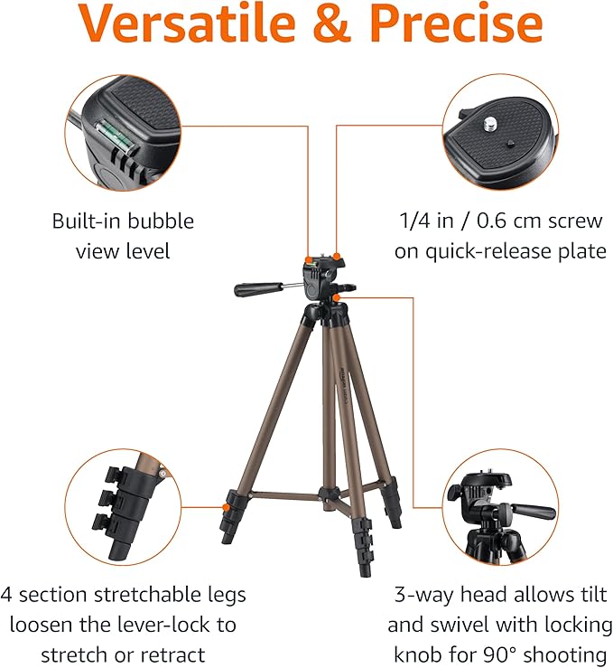 Amazon Basics 50-inch Lightweight Portable Camera Mount Tripod Stand with Bag, for Travel Photography, Champagne