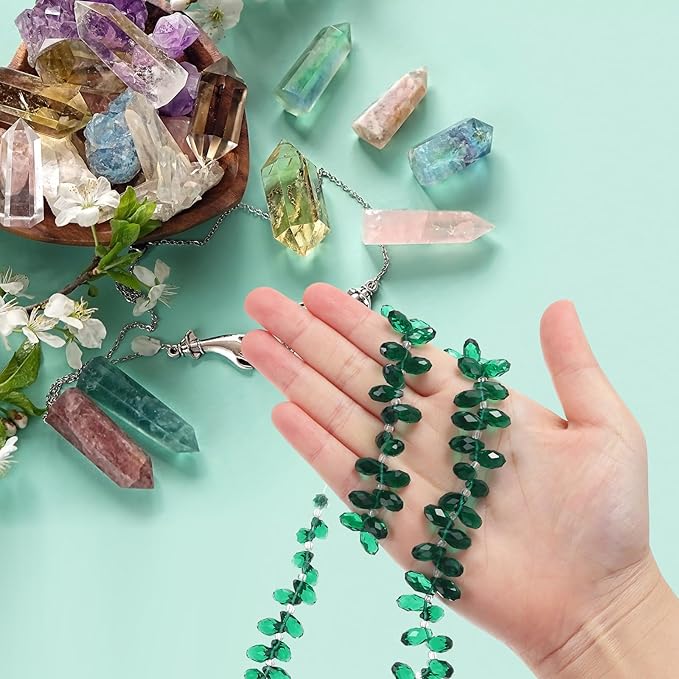 PATIKIL 2 Strands 180-190Pcs Teardrop Crystal Beads, 12x6mm Faceted Teardrop Briolette Horizontal Glass Beads Loose Bead for Bracelet Jewelry Making, Emerald Green