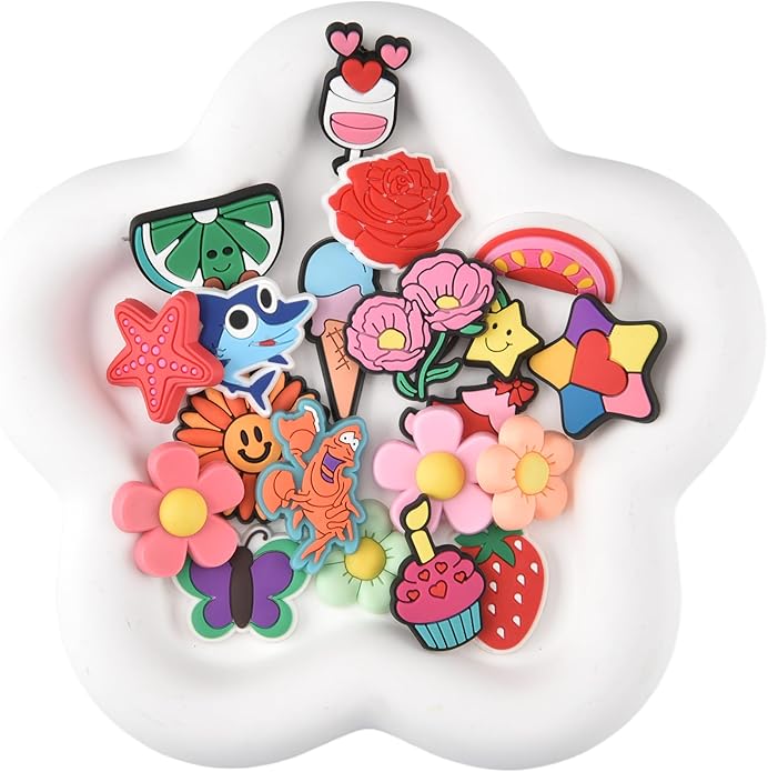 20PCS Cute Shoe Charms for Girls Teens - PVC Flower, Rainbow, Dessert Shoe Clips Decorations for Holely Shoes, Sneakers, Casual Footwear
