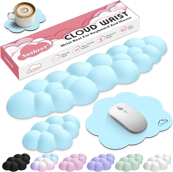 Cloud Wrist Rest for Computer Keyboard, 4-in-1 Memory Foam Leather Cloud Keyboard Wrist Rest and Mouse Pad Set with Ergonomic Support for Arm and Palm Cushion, Gaming/Work Setup, Blue