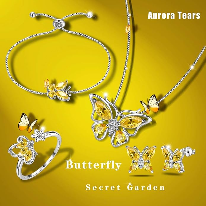 Aurora Tears Butterfly Jewelry,Women 925 Sterling Silver Butterflies Birthstone Pendant Necklace/Earrings/Rings Wedding Gift