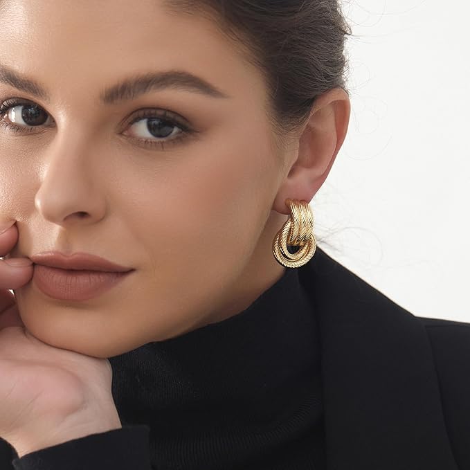 Chunky Knot Link Earrings, Circle Statement Drop Dangle Studs for Women Trendy Jewelry, L