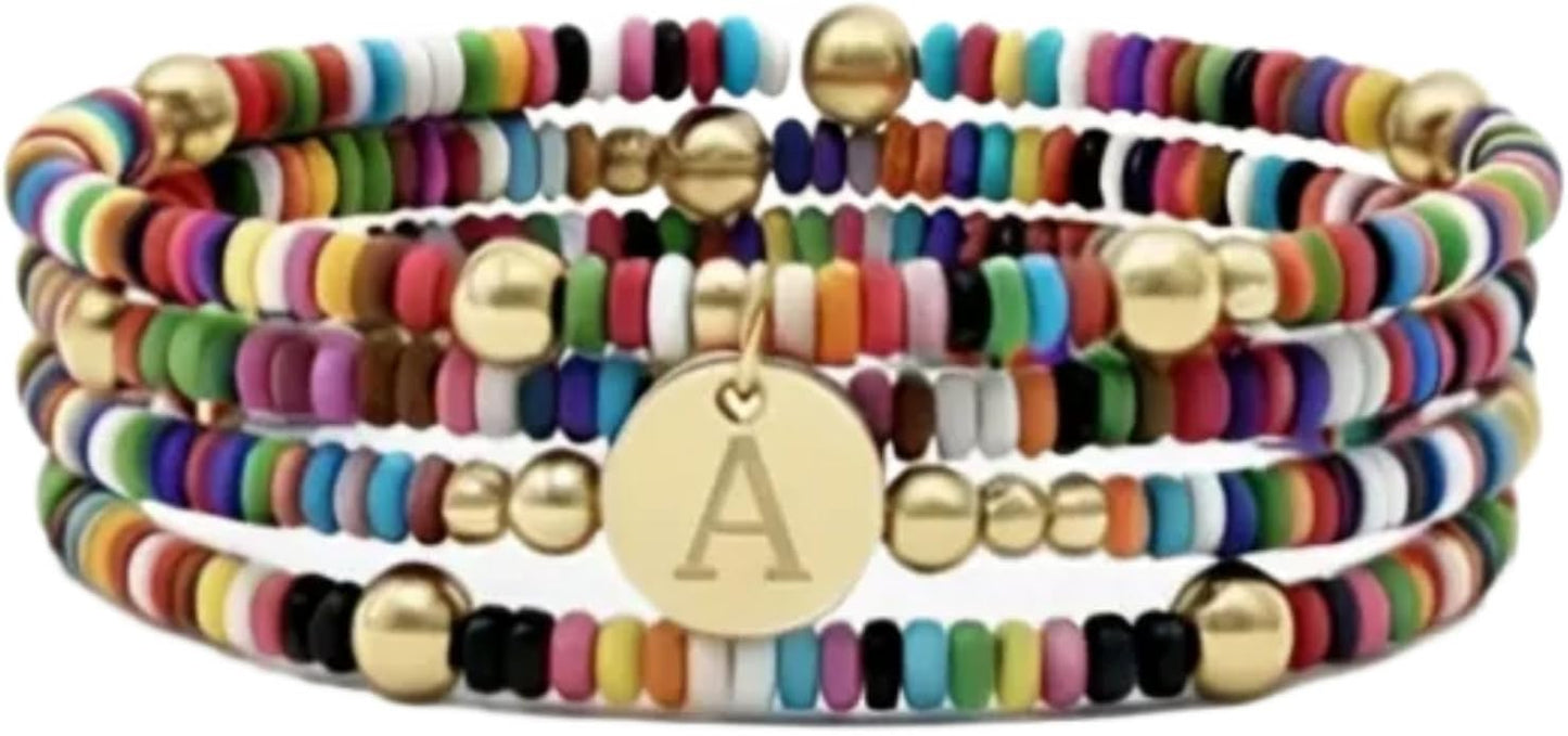 Set of 4 Colorful Bead Initial Bracelets, Personalized Stackable Jewelry, Adjustable Stretchy Charm Bracelets for Women, Beaded Bracelet Set, Trendy Custom Jewelry Gift