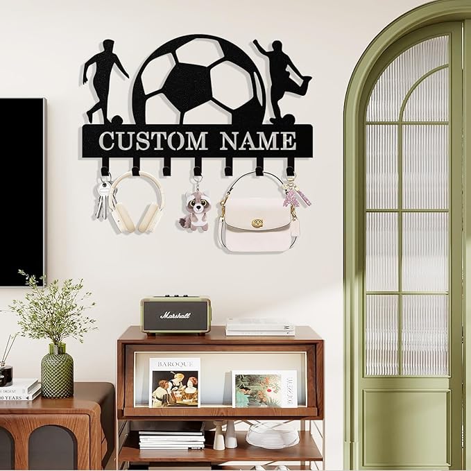 Personalized Football Key Holder Wall Mount, Custom Metal Key Rack Key Holder with Name, Deer Cabin Wall Keys Hanger with Hooks for Entryway, Front Door, Hallway, Kitchen, Living Room