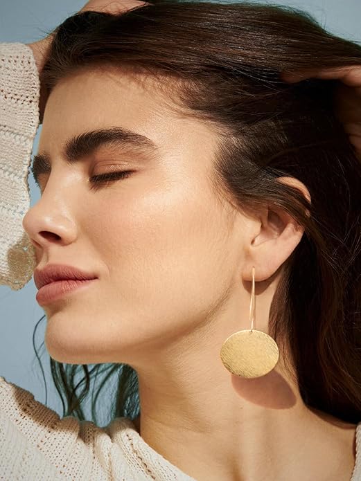 SOFYBJA Dainty 18K Gold Plated Disc Ball Triangle Sunburst Drop Earrings Long Dangle Lightweight Handmade Earrings Jewelry