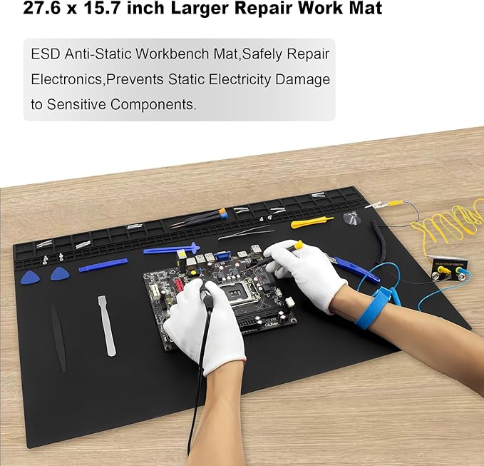 Anti Static Soldering Mat, Extra Large 27.6" x 15.7" Heat Resistant 932°F Large Silicone ESD Safe Work Mat with Grounding Accessories and Anti Static Wrist Strap (Black)