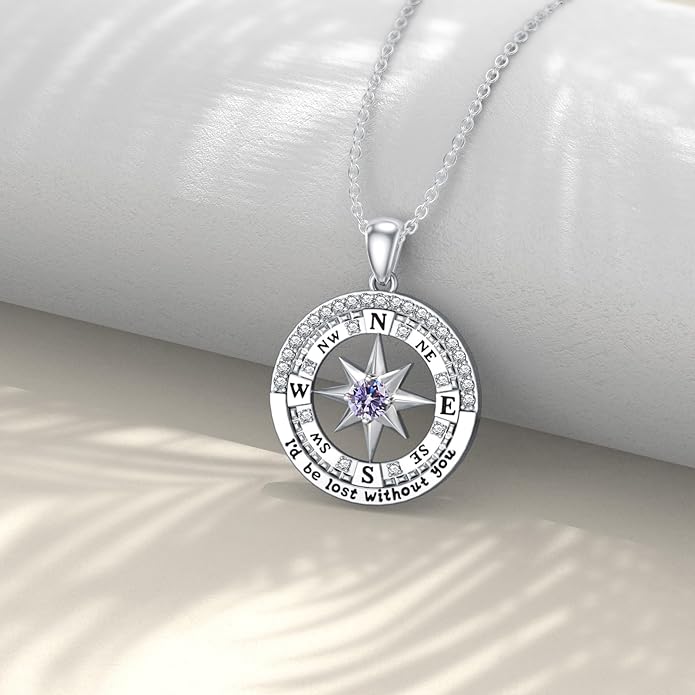 Compass Birthstone Necklace Gift for 2025 Graduation 925 Sterling Silver Compass ‘I'd be Lost Without You’ Pendant Necklaces Jewelry for Women Her Wife Gift for Birthday Anniversary