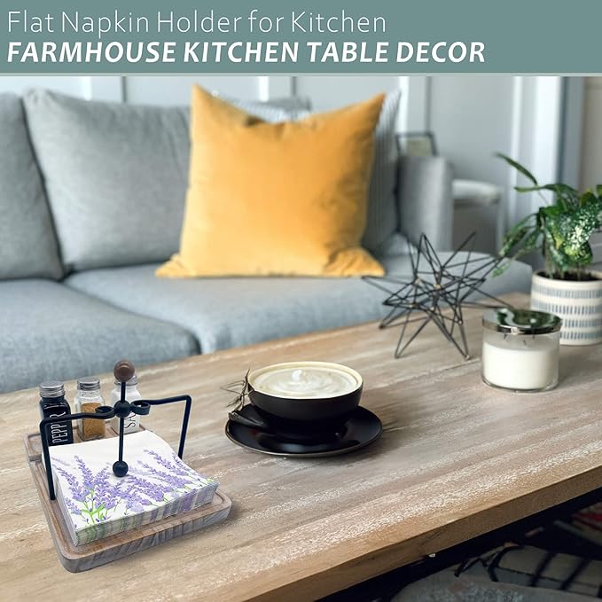 Flat Napkin Holder with Salt and Pepper Shakers, Kitchen Table Decor, 2-in-1 Rustic Napkin Holder for Paper Napkins, Wooden Table Decor for Bar, Kitchen & Dinning Room