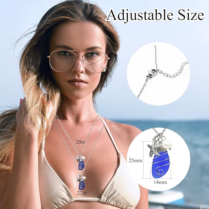 Sea Glass Necklace, Wire Wrapped Beach Necklaces, Sea Glass Jewelry, Handmade Blue Beach Jewelry for Women Trendy