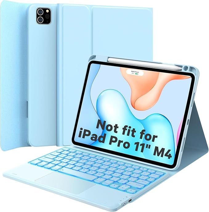 GreenLaw Keyboard Case for iPad Air 11-inch (M3/M2) 2025/2024 & Air 4th/5th Gen & iPad Pro 11 inch (1st/2nd/3rd/4th Gen), Smart Touchpad, 7-Color Backlit, Stain Resistant Cover, Sky Blue