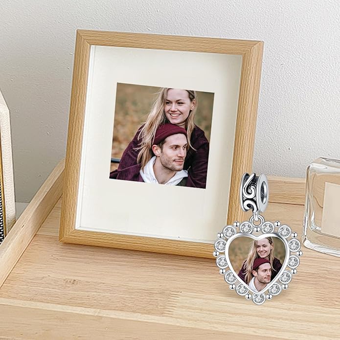 Annmors Personalized Photo Charm for Bracelet Necklaces,925 Sterling Silver Charm Love Heart Shaped Engraved Customize Picture Gift for Birthday Mother's Day Christmas,Bead Charms Jewelry for Women