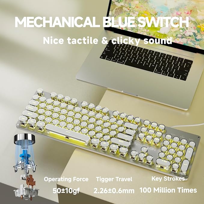 EWEADN TK100 Typewriter Style Wired Mechanical Keyboard, 104 Keys Aesthetic Typewriter Keyboard with Yellow Backlit, Anti-Ghosting, Blue Switch Cool Keyboards-White
