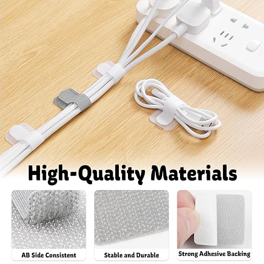 40 PCS Hook and Loop Cable Ties, Self-Adhesive Hook and Loop Cable Straps, Sticky-Back Wire Organizer for Under Desk Cable Management, Adjustable Cable Straps Clips for Home Office(White, Gray)