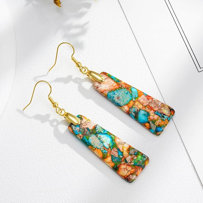 Boho Women Natural Stone Earrings Unique Healing Imperial Jasper Gemstone Energy Hypoallergenic Lightweight Dangle Drop Earrings Multiple Styles Earrings Jewelry for Birthday Party Gift