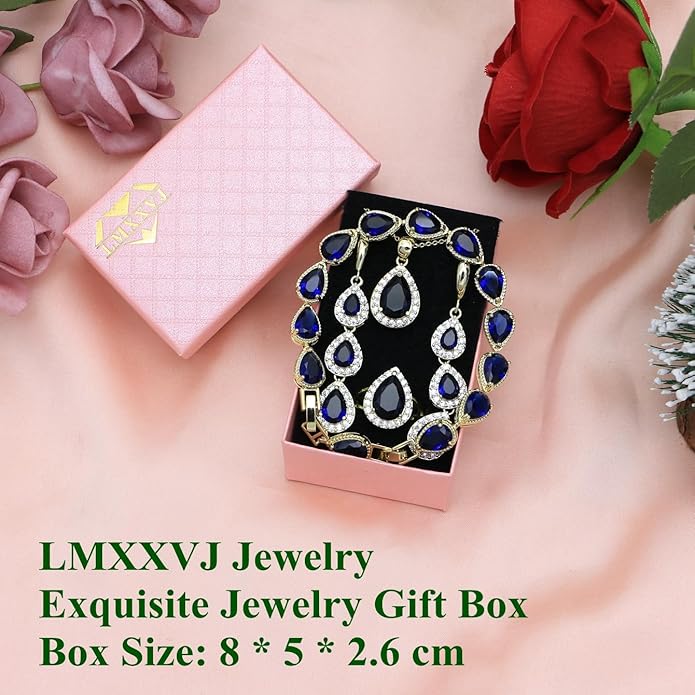 LMXXVJ Necklace Long Earrings Bracelet Set, White Gold Plated Created Blue Sapphire Jewelry Set Wedding Party Gift Jewelry for Women Bridal Bridesmaid