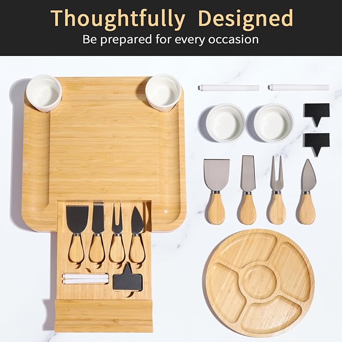 YZS Bamboo Charcuterie Boards Set -Unique Cheese Board with Accessories - Perfect for Housewarming, Weddings, Bridal Showers, Birthday Gifts, Parties, Eco-Friendly & Elegant Design