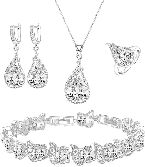GZWHD Jewelry Set for Women CZ Earrings Necklace Ring Bracelet Set Prom Party Wedding Jewelry Gift for Mother Friend Wife