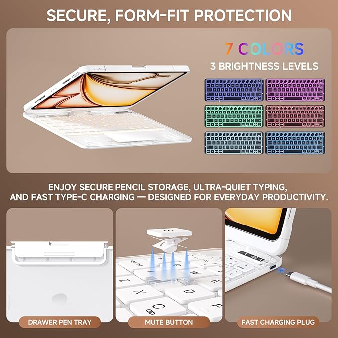 Transparent Case with Keyboard for iPad Air 13 Inch (M3/M2, 2025/2024), iPad Pro 12.9 Inch (6/5/4/3 Gen),7-Color Backlit,Magic Wireless Keyboard, 360°Rotating,with trackpad,Pencil Holder,White