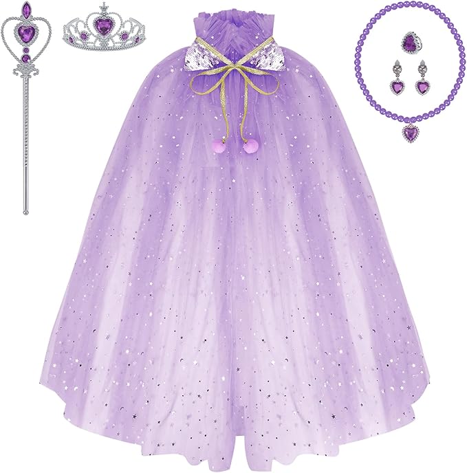 Princess Dress Up Clothes, 7pcs Princess Cape Crown with Wand for Girls 3-8 Years Toddler Princess Dress Up for Birthday Gift