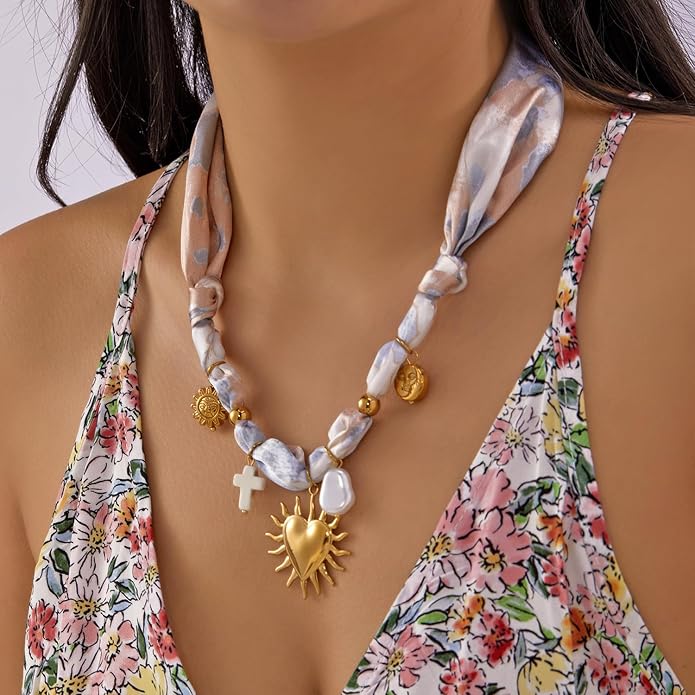 RINHOO FRIENDSHIP Silk Scarf Necklace for Women - Adjustable Boho Vintage Bandana Choker with 18K Non-Tarnish Gold Charms (Assorted Pendants & Patterns) Layered Jewelry Gift Box