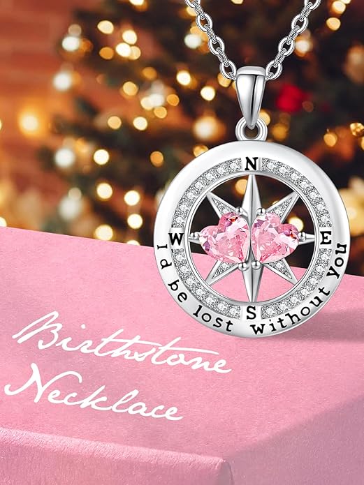 Compass Necklace for Women, Exquisite S925 Valentines Day Anniversary Birthday Gifts for Wife Her Double Birthstone Pendant Jewelry ‘I'd be Lost Without You’