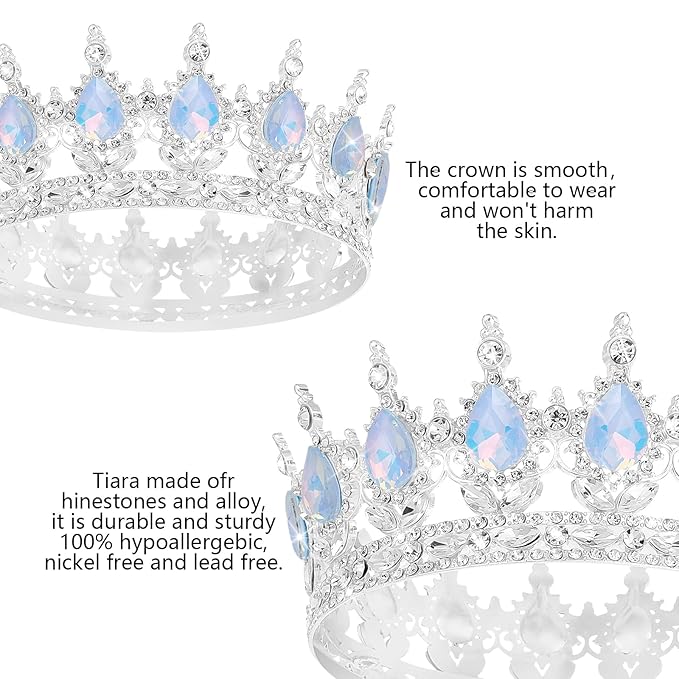 Queen Crown Rhinestone Wedding Crowns and Tiaras for Women Costume Party Hair Accessories Princess Birthday Crown Crystal Bridal Crown (Silver Fantasy Light Blue Crown)