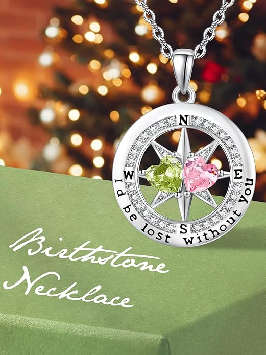 Compass Necklace for Women, Exquisite S925 Valentines Day Anniversary Birthday Gifts for Wife Her Double Birthstone Pendant Jewelry ‘I'd be Lost Without You’