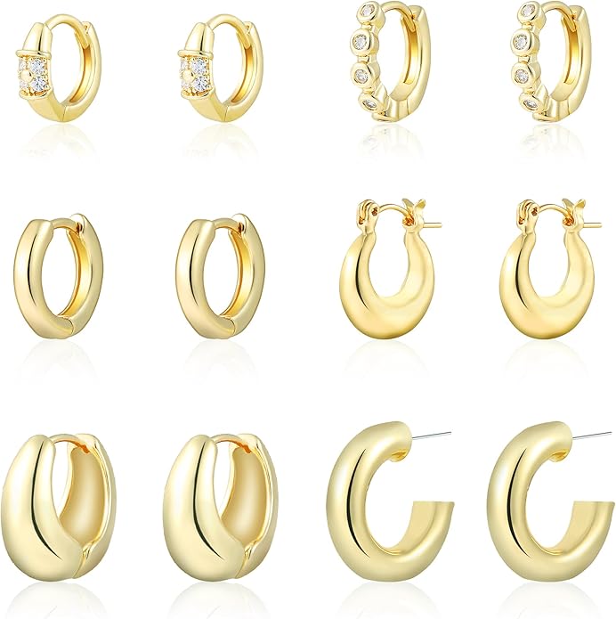 6 Pairs Gold Hoop Earrings Set for Women, 14K Gold Plated Small Huggie Hoops Earrings Hypoallergenic, Lightweight Tiny Cartilage Piercings Earrings Jewelry for Women Gifts.