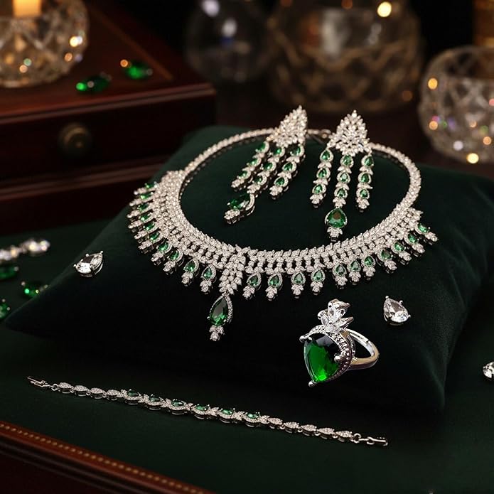 Rhinestone Wedding Bridal Jewelry Set Women's Prom-Style Necklace, Earrings, Bracelet, Ring Bridesmaid Gift Pairs with Evening Gown