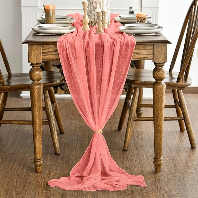 Artoid Mode Boho Cheesecloth Gauze Coral Wedding Table Runner, 120 Inch Seasonal Fabric Kitchen Dining Holiday Table Decor for Home Party Indoor