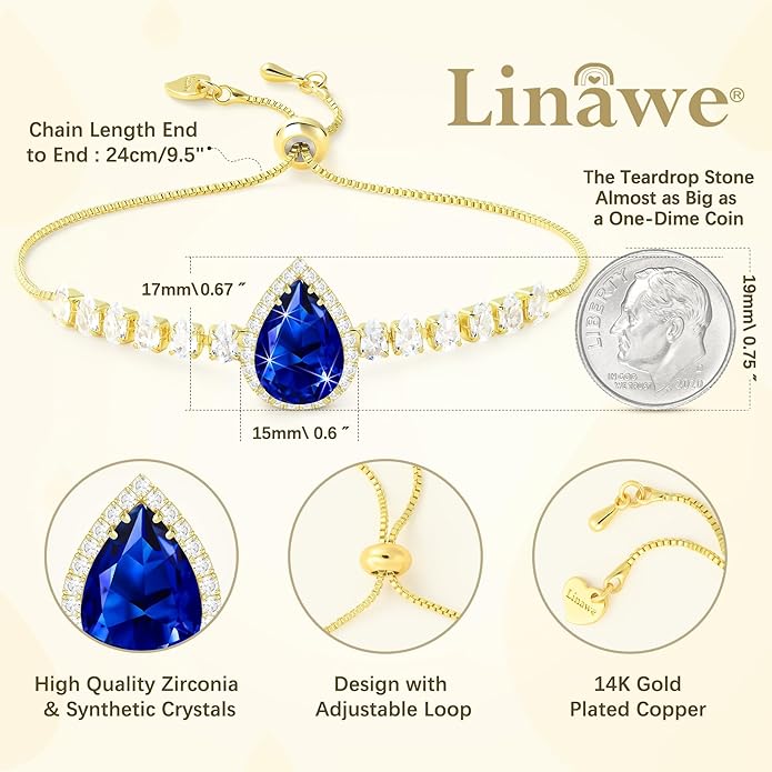 Linawe Crystal Imitation Diamond Rhinestone Charm Bracelets for Women, Gold/Silver/Rose Gold Adjustable Chain Bracelet, Teardrop Birthstone Cubic Zirconia Prom Costume Wedding Jewelry