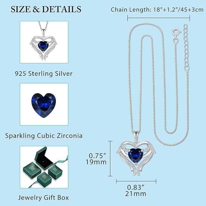 FJ Heart Angel Wings Pendant Necklace 925 Sterling Silver Birthstone Jewelry Gifts for Women