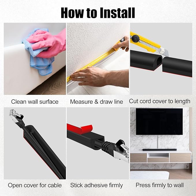 Self-Adhesive Cable Hider,Flexible Wire Cover Cable Raceway for Wires, Wall Mount TV, Home Audio, Network,Power and Phone Line Managemen (Black, 236inch)