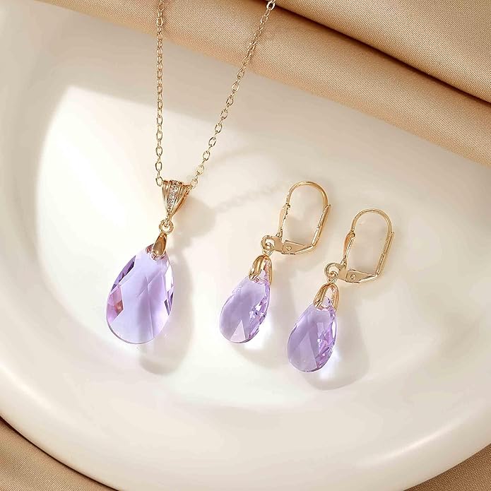 EVEVIC Austrian Crystals Teardrop Pendant Necklace Earrings for Women 14K Gold Plated Hypoallergenic Leverback Drop Dangle Earrings Jewelry Set