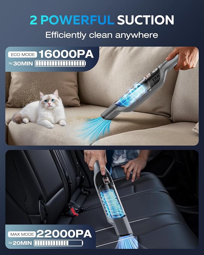 Zefiro Handheld Car Vacuum Cleaner, 22KPa Hand Held Vacuum Cordless Rechargeable with 2 HEPA Filters, 2 High Powerful Suction, 2 Nozzles, Portable Mini Dustbuster for Car, Home, Office, Pet Hair, S10
