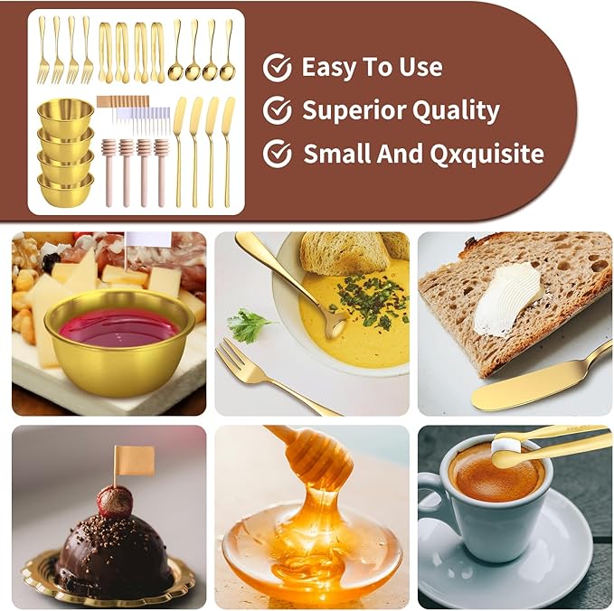 Gold Charcuterie Boards Accessories(26 PCS), Gift Box Packaging, With Ceramic Dip Bowls, Wooden Handle Cheese Spreader Butter Knive Set, Mini Tongs, Spoons, Forks,Honey Dipper, Cocktail Picks