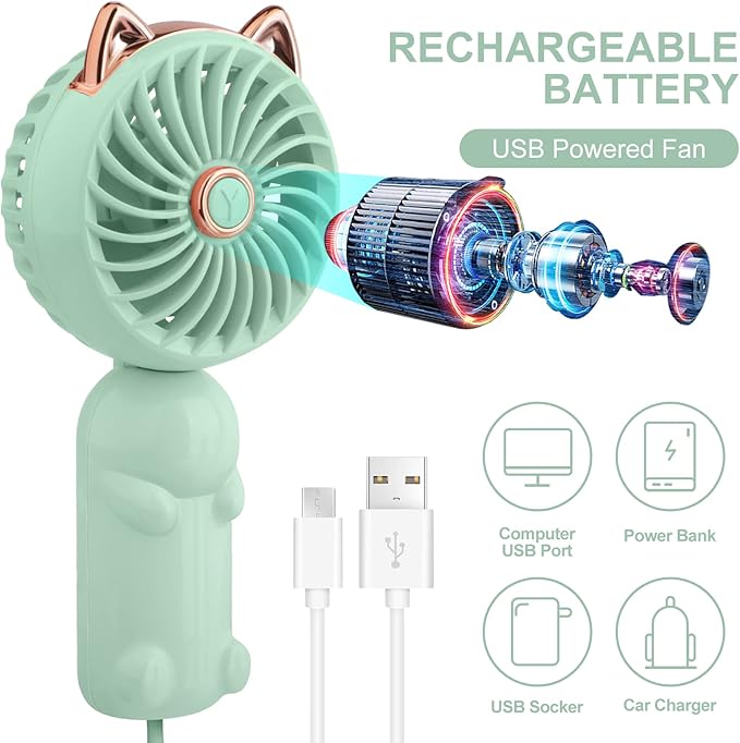 QearFun Portable Mini USB Rechargeable 3 Speed Personal Desk Table Fan with Base - Up to 12 Hours Operated Small Makeup Fan for Girls Women Outdoor (Green)