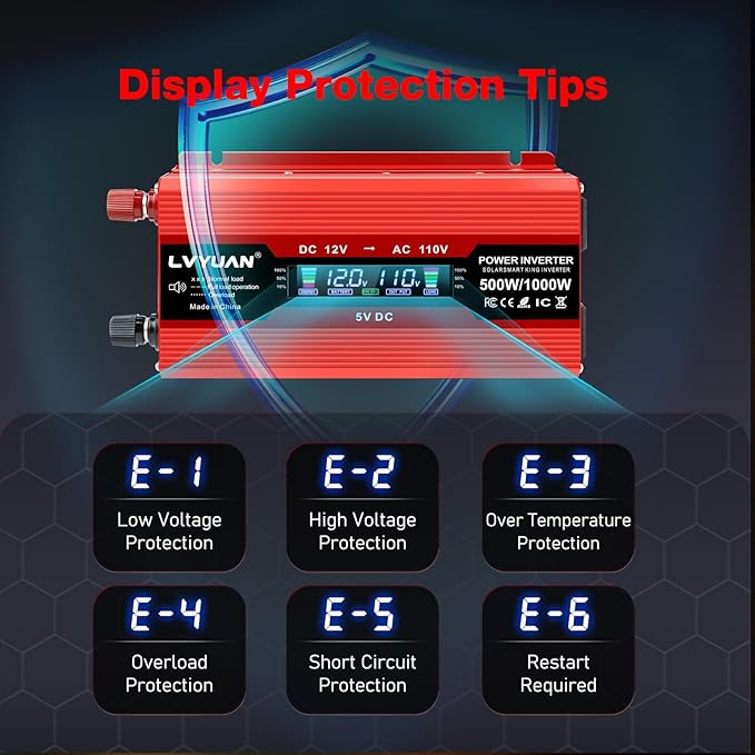 LVYUAN 500W Car Power Inverter 12V to 110V DC to AC with 2 US Sockets, Cigarette Lighter, LCD Display, USB Ports for Car, Home,Outdoor, Camping