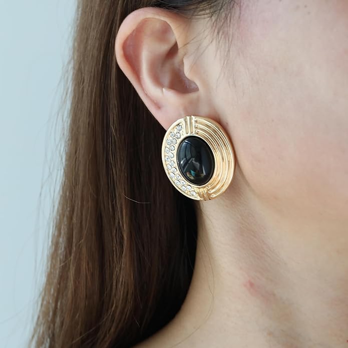 Statement Chunky Gold Earrings for Women,Crystal Rhinestone Accents Large Stud with Stone and Pearl