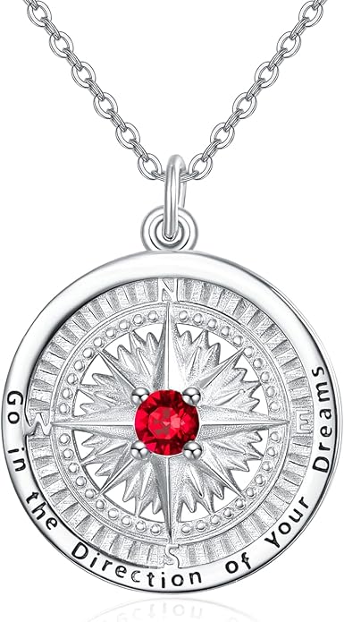 KINGWHYTE Graduation Gifts Birthstone Necklace for Women 925 Sterling Silver Compass Pendant Go in the Direction of your Dream Travel Jewelry Birthday Gift for Her