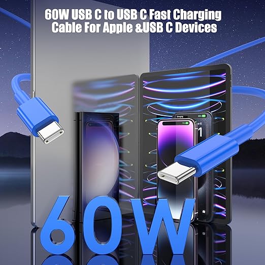 3-Pack Blue [3.3FT+6.6FT+10FT] 60W USB C to USB C Cable, Type C Fast Charging Cable for iPhone 16 15 Pro Plus Pro Max，for Galaxy S24 S23, for iPad Pro/Air, for MacBook Pro/Air and More