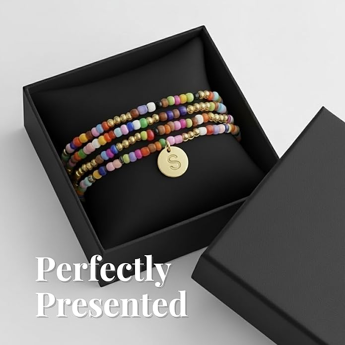 Set of 4 Colorful Bead Initial Bracelets, Personalized Stackable Jewelry, Adjustable Stretchy Charm Bracelets for Women, Beaded Bracelet Set, Trendy Custom Jewelry Gift