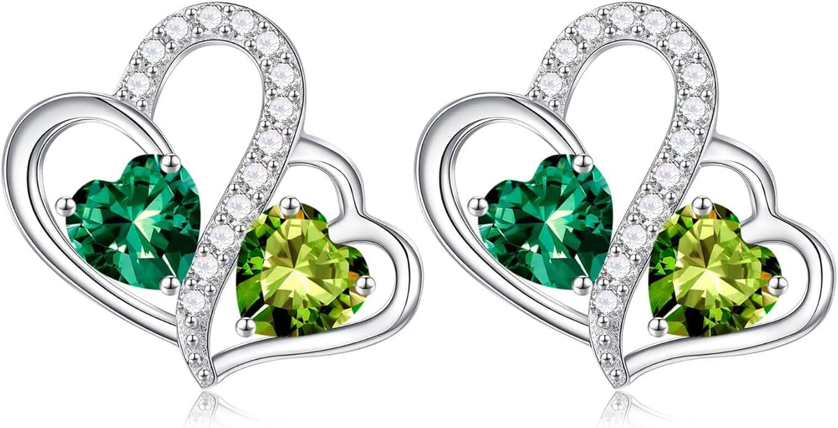Iefil Valentines Day Gifts for Her - Birthstone Earrings Gift for Women, 925 Sterling Silver Double Heart Birthstone Earrings | Anniversary Birthday Gifts for Women, Personalized Jewelry for Wife Mom