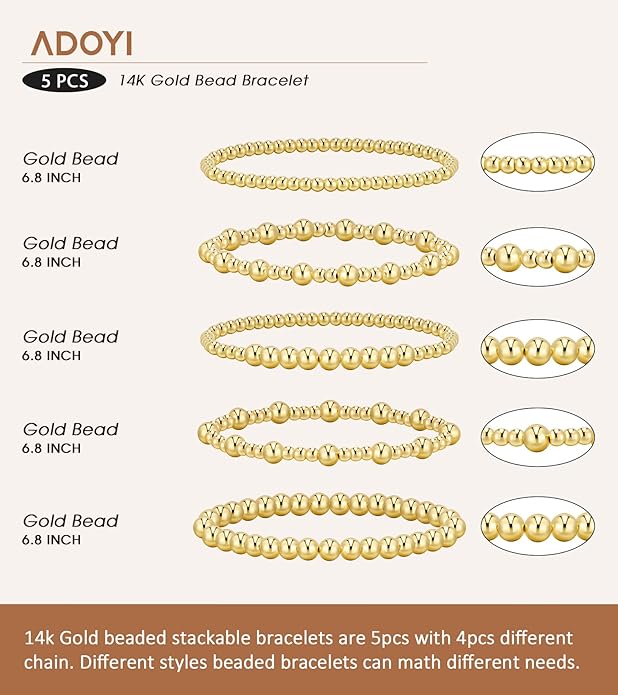 adoyi Gold Bracelets for Women Beaded Bracelet 14K Gold Plated Bracelet Stack Strand Stretch Bead Ball Bracelet Set Stackable Bracelet Adjustable Bracelet Set Jewelry for Gifts