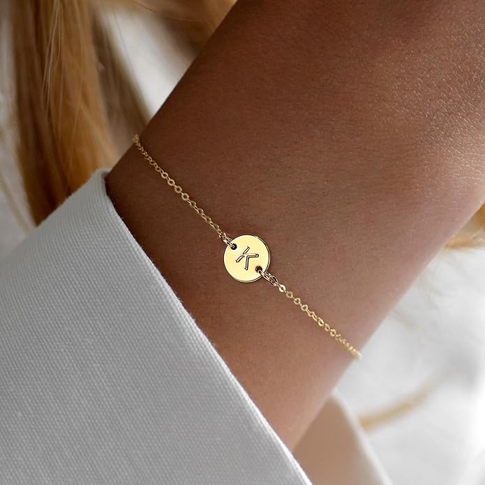 Ursteel Gold Initial Bracelet for Women Trendy - Valentines Day Gifts for Kids Teen Girls, Personalized A-Z Letter Cute Bracelet for Women, Dainty Gold Coin Disc Womens Jewelry Gifts