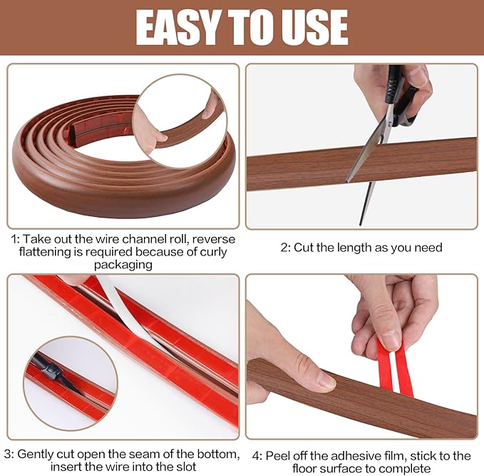 Floor Cord Cover Self Adhesive Cord Hider,10FT Cable Management, Extension Strip Protector for Wires, Prevent Cable Trips for Offices, Gyms, Exhibitions Cavity:0.47"(W) x0.35(H) Wood Red Teak
